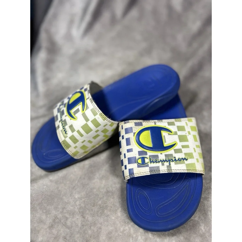 Champion Slide Sandals Youth Size 7Y Blue White Lime Graphic Comfort Slip On